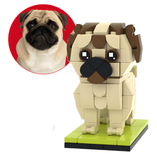 Lego built pug dog figure with a close-up inset of a real pug's face on a white background.