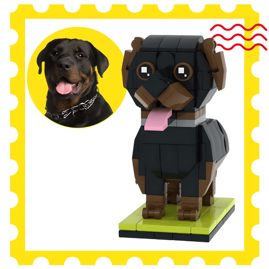 Custom Rottweiler brick figure with strong stance and classic black and tan markings