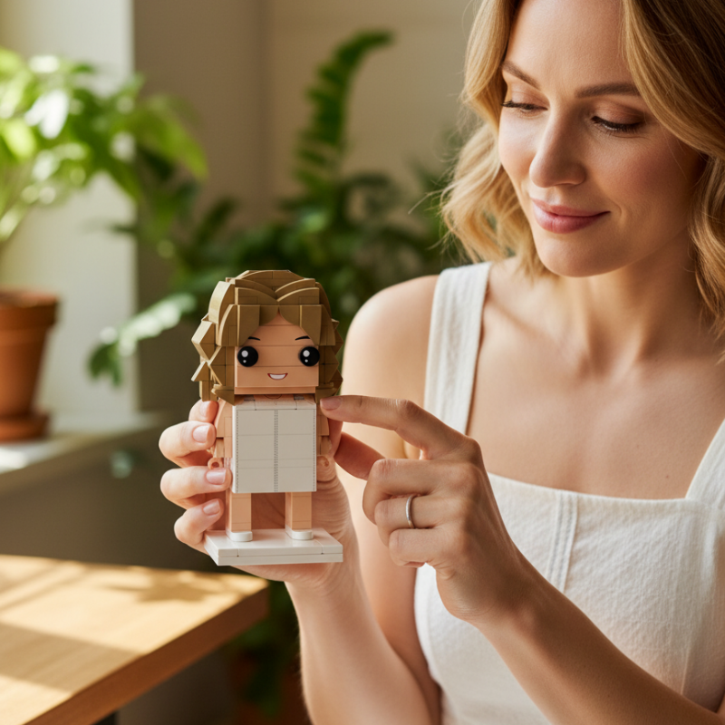 Woman holding a custom mini figurine with a neutral background